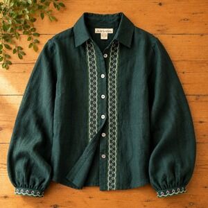 Karavan Linen Embroidered Blouse NWT Womens S Forest Green Balloon Sleeve Folk